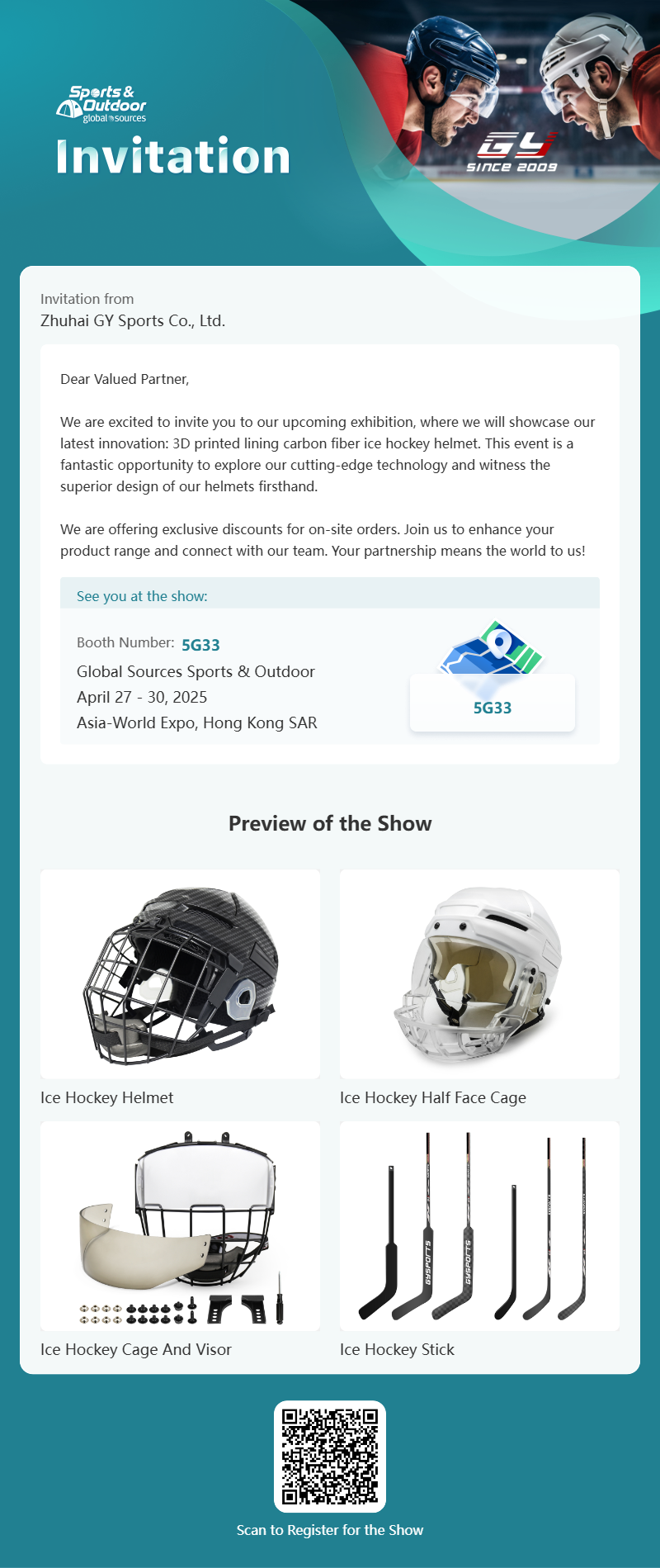 GY Global Sources Sports & Outdoor, 27.–30. april 2025, Asia-World Expo, Hong Kong SAR, številka kabine. 5G33